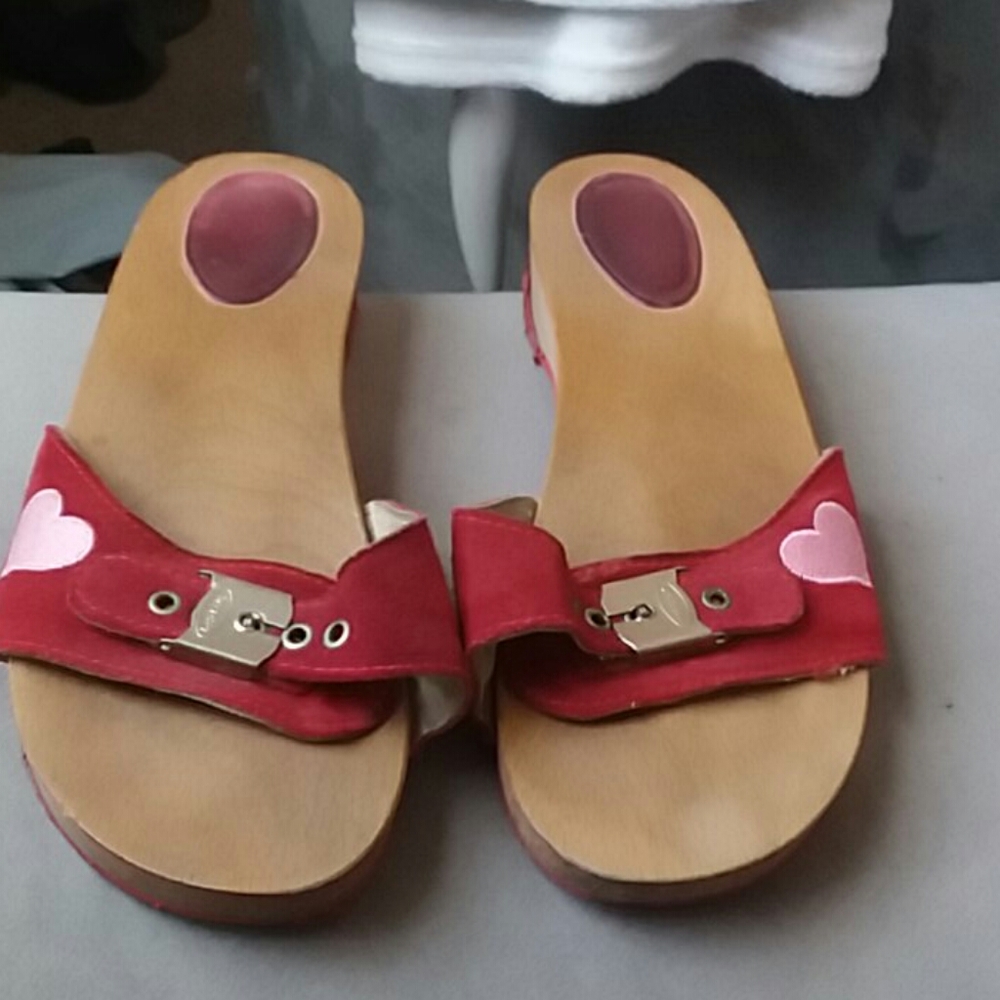 Dr. Scholls wooden clog with red suede upper